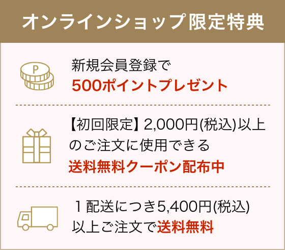オンラインショップ限定特典 新規会員登録で100ポイントプレゼント 初回限定2,000円(税込)以上ご注文で送料無料クーポン贈呈　１配送につき5,400円(税込)以上ご注文で送料無料